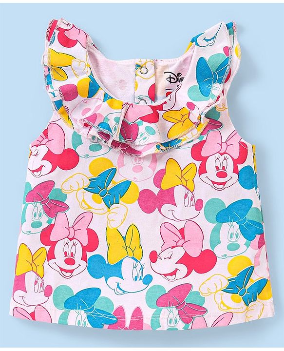 Babyhug Disney Single Jersey Knit Frill Sleeves Top & Denim Shorts Set With Minnie Mouse Print - White & Blue
