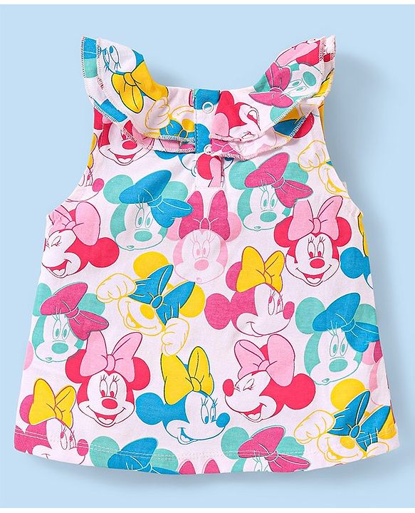 Babyhug Disney Single Jersey Knit Frill Sleeves Top & Denim Shorts Set With Minnie Mouse Print - White & Blue