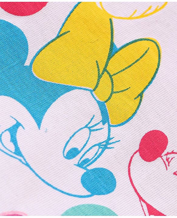 Babyhug Disney Single Jersey Knit Frill Sleeves Top & Denim Shorts Set With Minnie Mouse Print - White & Blue