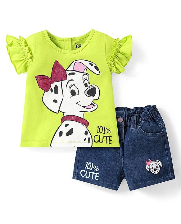 Babyhug Disney Single Jersey Knit Frill Sleeves Top & Shorts Set with 101 Dalmatians Graphics - Green