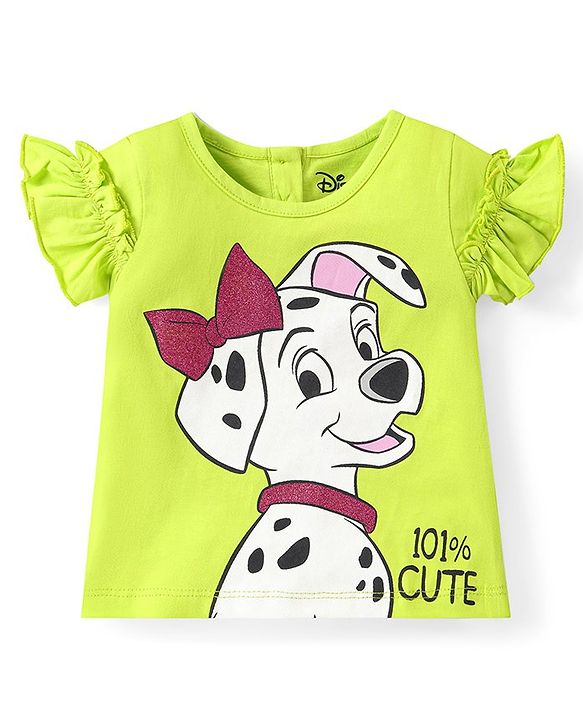 Babyhug Disney Single Jersey Knit Frill Sleeves Top & Shorts Set with 101 Dalmatians Graphics - Green