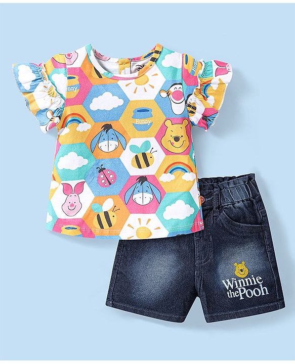 Babyhug Disney Single Jersey Knit Frill Sleeve Top and Denim Shorts with Winnie the Pooh Graphics- White & Blue