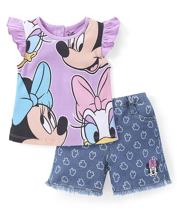 Babyhug Disney Cotton Knit Frill Sleeves Top & Denim Shorts Set With Minnie Mouse Graphic - Purple