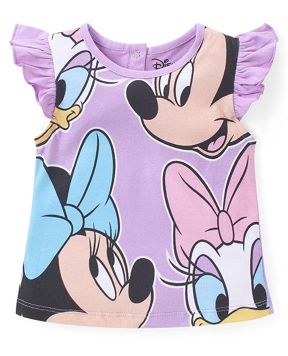 Babyhug Disney Cotton Knit Frill Sleeves Top & Denim Shorts Set With Minnie Mouse Graphic - Purple