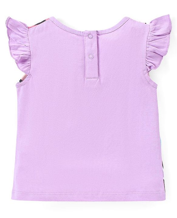 Babyhug Disney Cotton Knit Frill Sleeves Top & Denim Shorts Set With Minnie Mouse Graphic - Purple