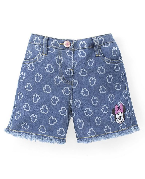Babyhug Disney Cotton Knit Frill Sleeves Top & Denim Shorts Set With Minnie Mouse Graphic - Purple