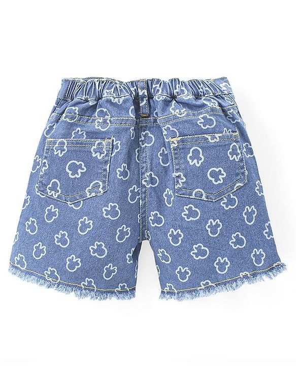 Babyhug Disney Cotton Knit Frill Sleeves Top & Denim Shorts Set With Minnie Mouse Graphic - Purple