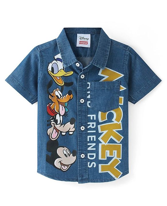 Babyhug Disney Denim Woven Half Sleeve Shirt With Mickey Mouse Graphics - Navy Blue