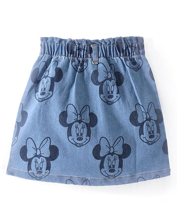 Babyhug Disney Cotton Denim Skirt With Minnie Mouse Graphics - Blue