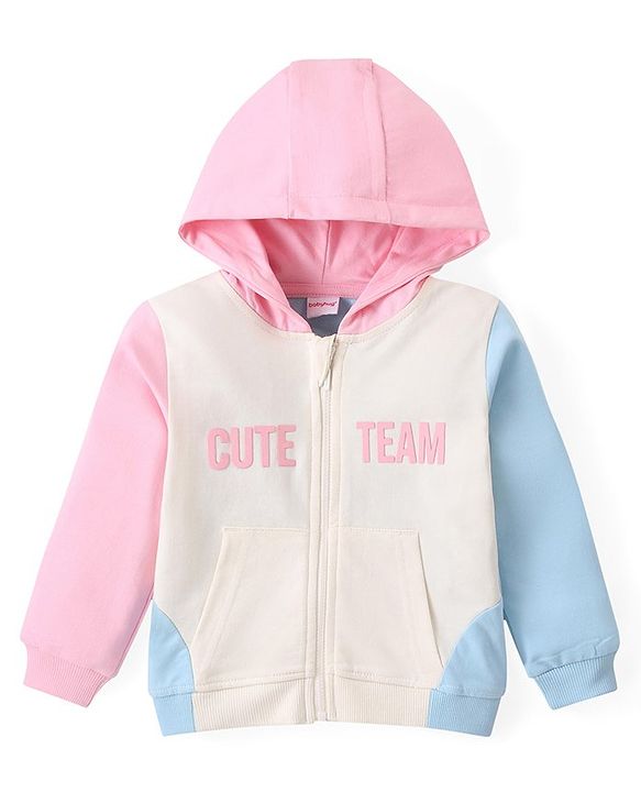 Babyhug Cotton Terry Knit Premium Light Gauge Terry Full Sleeves Hooded T-Shirt & Lounge Pants Set With Text Print - White & Pink