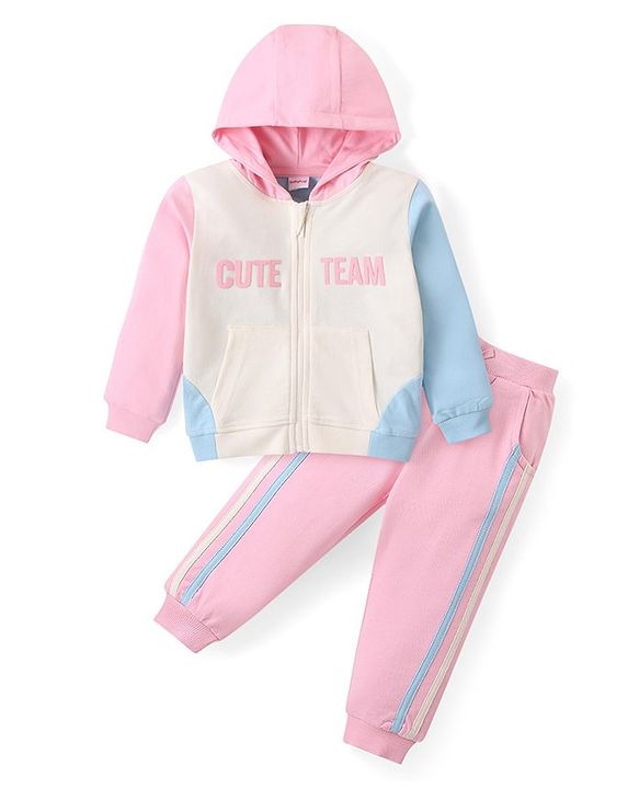 Babyhug Cotton Terry Knit Premium Light Gauge Terry Full Sleeves Hooded T-Shirt & Lounge Pants Set With Text Print - White & Pink