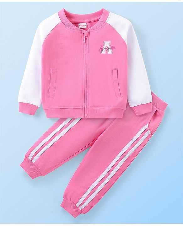 Babyhug Cotton Terry Knit Full Sleeves Jacket & Lounge Pants Set With Text Print - Pink & White