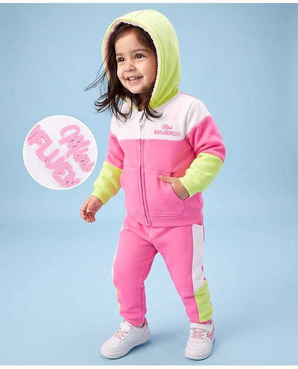 Babyhug Cotton Terry Knit Full Sleeves Hooded T-Shirt & Lounge Pants Set With Text Print - Pink & White