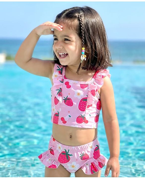 Babyhug Water Repellant Sleeveless Two Piece Swimsuit with Frill Detailing Strawberry Print - Pink