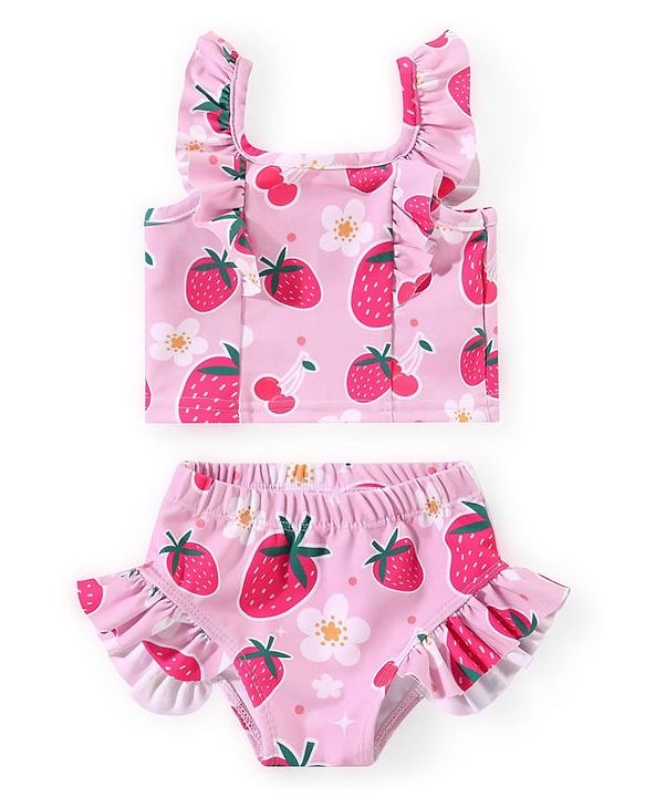Babyhug Water Repellant Sleeveless Two Piece Swimsuit with Frill Detailing Strawberry Print - Pink