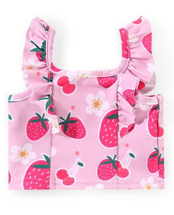 Babyhug Water Repellant Sleeveless Two Piece Swimsuit with Frill Detailing Strawberry Print - Pink
