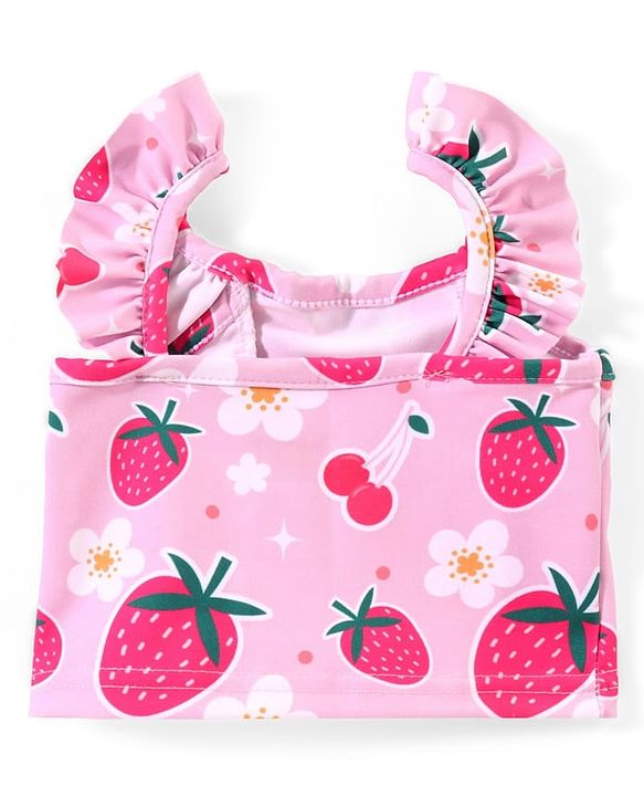 Babyhug Water Repellant Sleeveless Two Piece Swimsuit with Frill Detailing Strawberry Print - Pink
