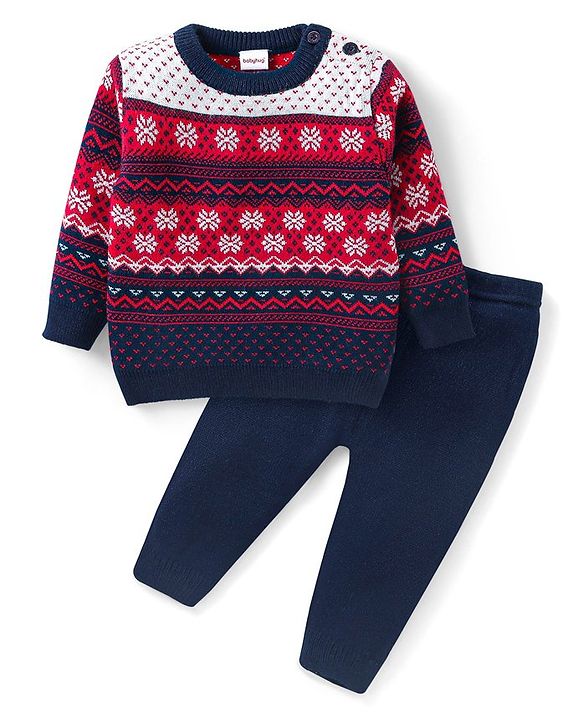 Babyhug Knit Full Sleeves Sweater & Pant Set Floral Design - Red & Navy Blue