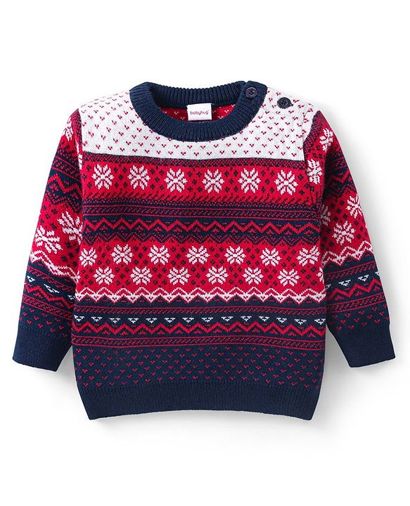 Babyhug Knit Full Sleeves Sweater & Pant Set Floral Design - Red & Navy Blue