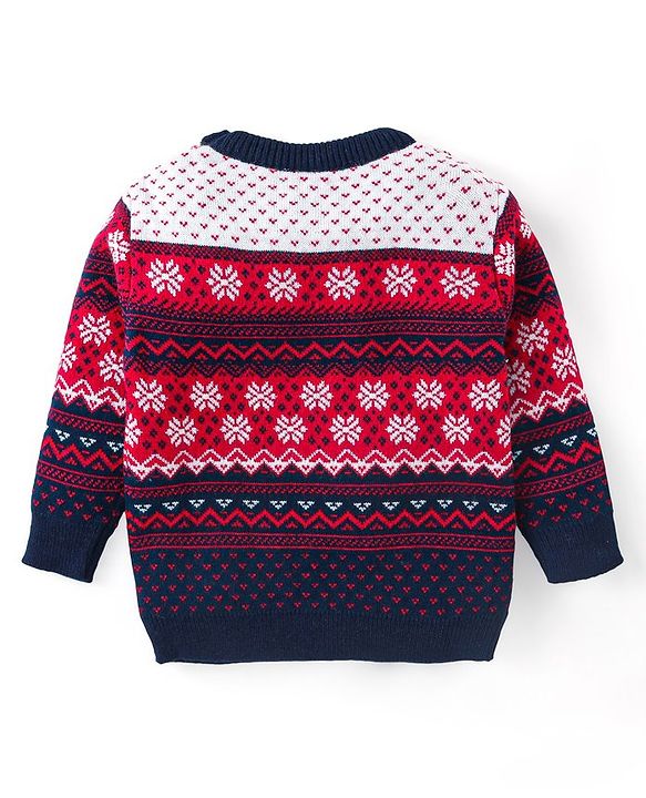 Babyhug Knit Full Sleeves Sweater & Pant Set Floral Design - Red & Navy Blue