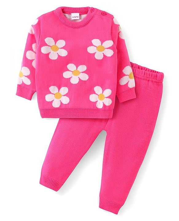 Babyhug Knit Full Sleeves Sweater Set  with Floral Design - Pink