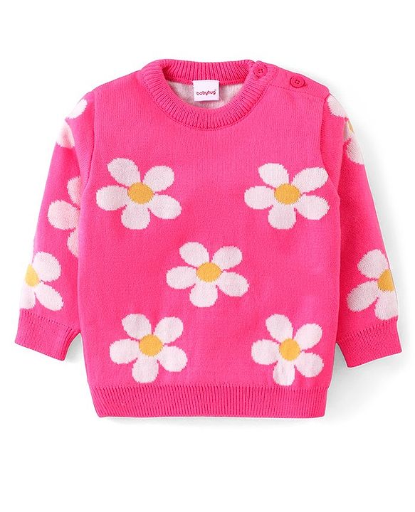 Babyhug Knit Full Sleeves Sweater Set  with Floral Design - Pink