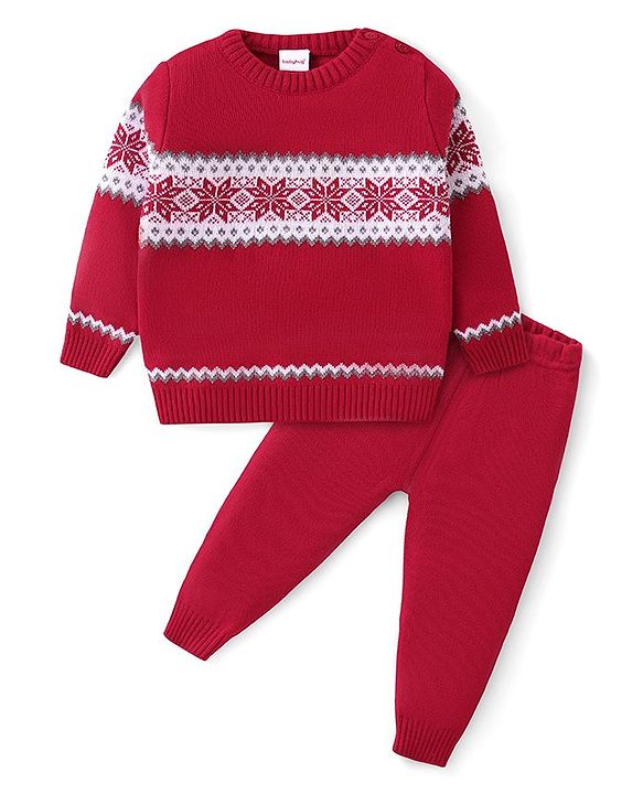Babyhug Knitted Full Sleeves Sweater Set with Floral Design - Red