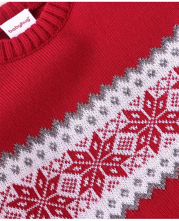 Babyhug Knitted Full Sleeves Sweater Set with Floral Design - Red