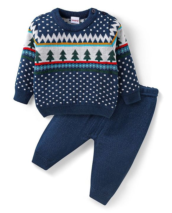 Babyhug Knitted Full Sleeves Pullover Sweater & Pant Set with Christmas Theme Design  - Navy Blue