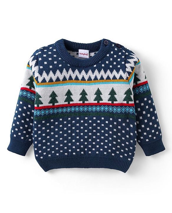 Babyhug Knitted Full Sleeves Pullover Sweater & Pant Set with Christmas Theme Design  - Navy Blue