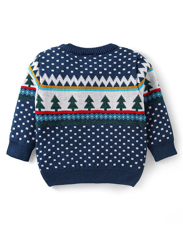 Babyhug Knitted Full Sleeves Pullover Sweater & Pant Set with Christmas Theme Design  - Navy Blue