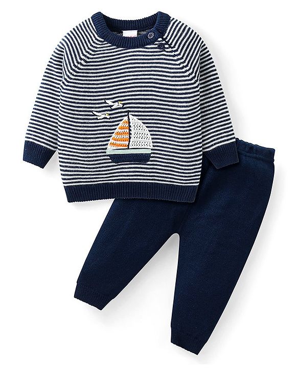 Babyhug Knit Full Sleeves Striped Sweater Set with Boat Design - Navy Blue