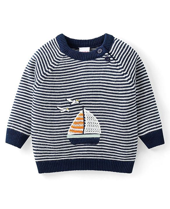 Babyhug Knit Full Sleeves Striped Sweater Set with Boat Design - Navy Blue