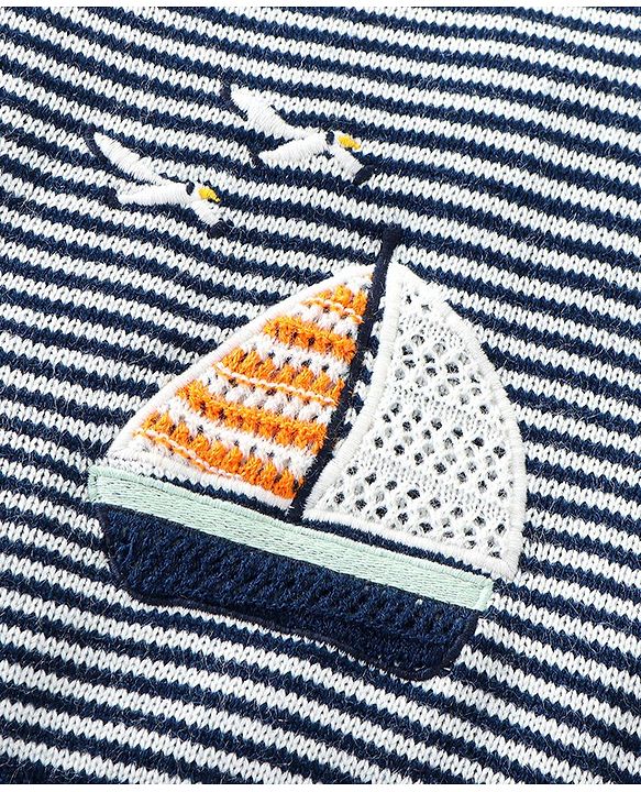 Babyhug Knit Full Sleeves Striped Sweater Set with Boat Design - Navy Blue