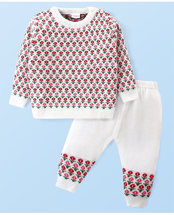 Babyhug Knitted Full Sleeves Pullover Sweater Set with Floral Design - Pink
