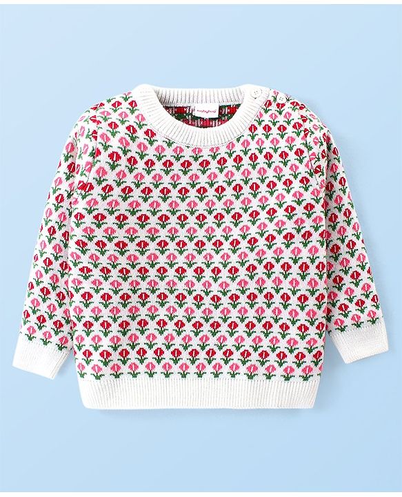 Babyhug Knitted Full Sleeves Pullover Sweater Set with Floral Design - Pink