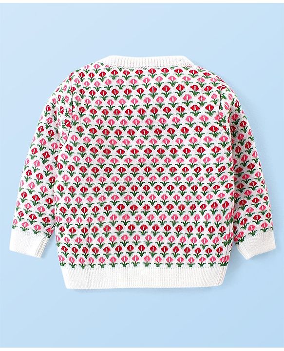 Babyhug Knitted Full Sleeves Pullover Sweater Set with Floral Design - Pink