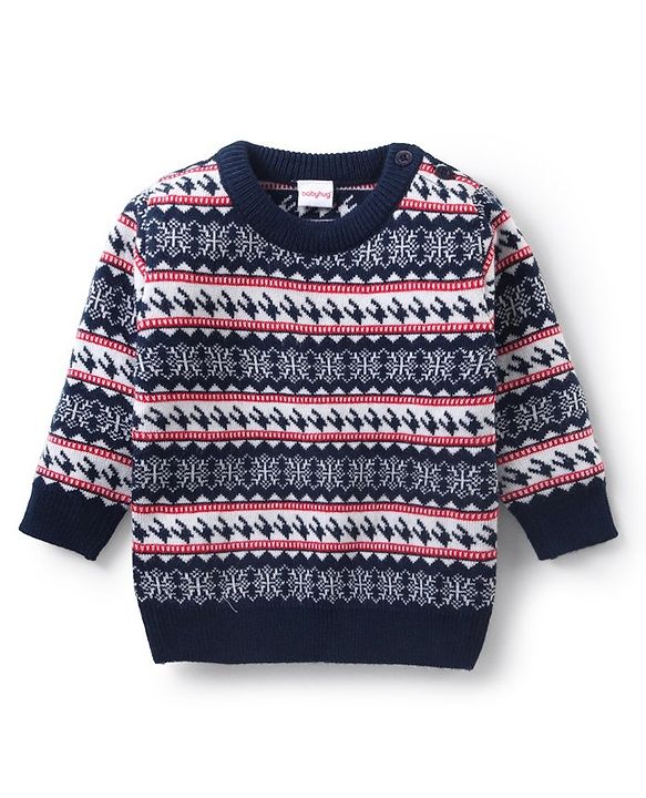 Babyhug Knit Full Sleeves Pullover Sweater & Pant Set Intarsia Design - Navy Blue