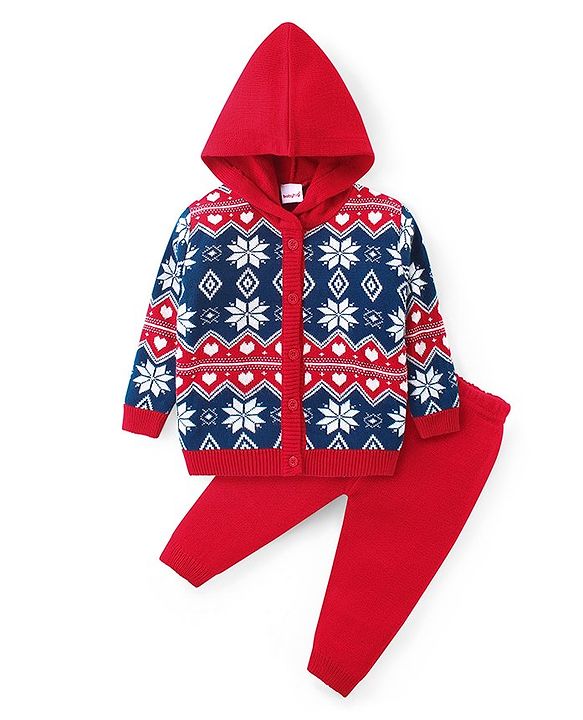 Babyhug Knit Full Sleeves Hooded Front Open Sweater Set Floral Design - Red & Blue