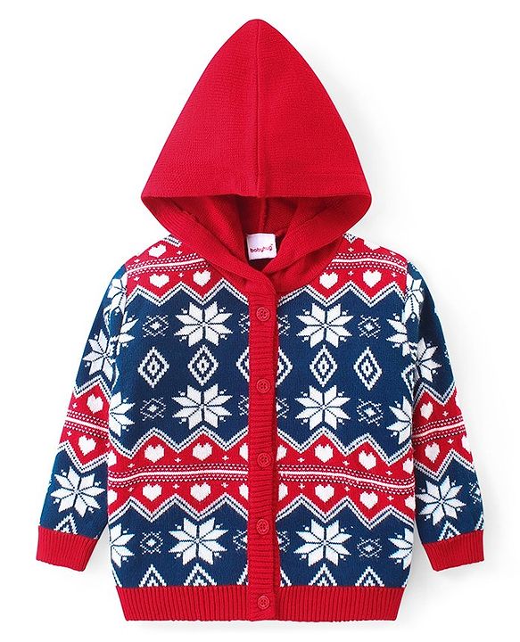Babyhug Knit Full Sleeves Hooded Front Open Sweater Set Floral Design - Red & Blue