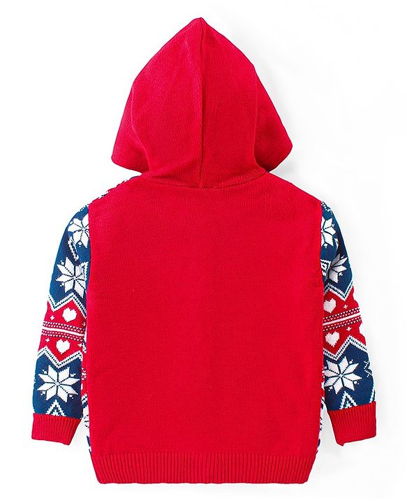 Babyhug Knit Full Sleeves Hooded Front Open Sweater Set Floral Design - Red & Blue