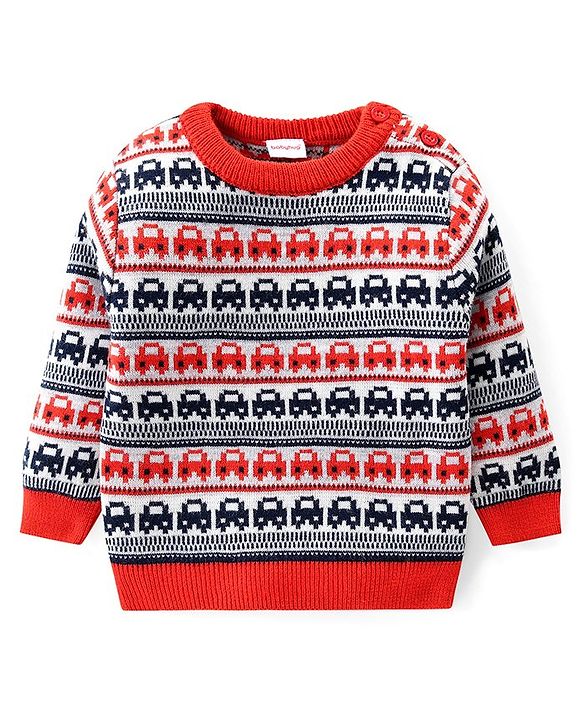 Babyhug Knitted Full Sleeves Pullover Sweater Set with Cars Design - Red