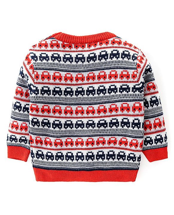 Babyhug Knitted Full Sleeves Pullover Sweater Set with Cars Design - Red