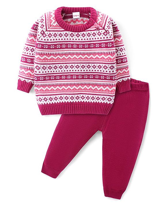 Babyhug Knitted Full Sleeves Pullover Sweater Set with Aztec Design - Pink