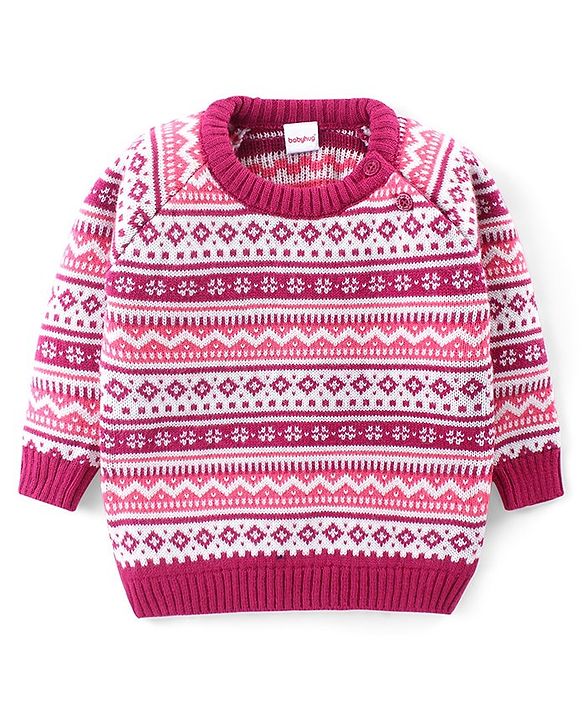 Babyhug Knitted Full Sleeves Pullover Sweater Set with Aztec Design - Pink