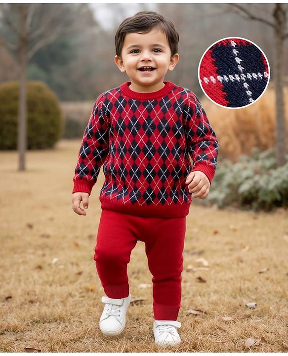 Babyhug Knit Full Sleeves Pullover Sweater & Pant Set  Argyle Design - Red