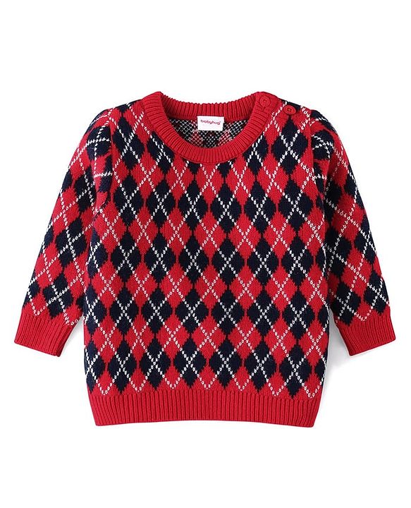 Babyhug Knit Full Sleeves Pullover Sweater & Pant Set  Argyle Design - Red