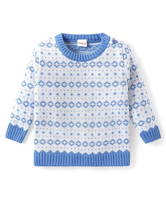 Babyhug Knitted Full Sleeves Pullover Sweater & Pant Set with Aztec Design - Blue