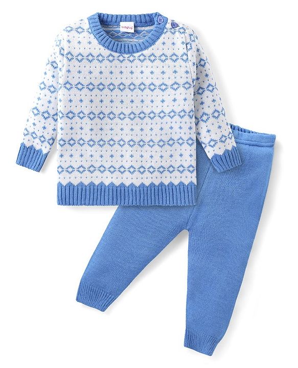 Babyhug Knitted Full Sleeves Pullover Sweater & Pant Set with Aztec Design - Blue