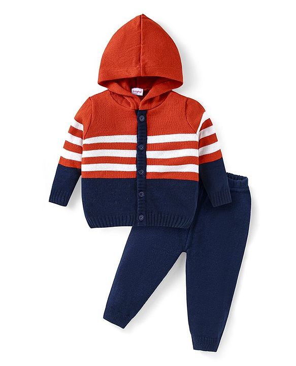 Babyhug Knitted Full Sleeves Front Open Hooded Sweater Set With Stripes - Orange White & Navy Blue